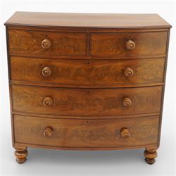 Victorian figured mahogany bow front chest, fitted with two short and three long figured d...