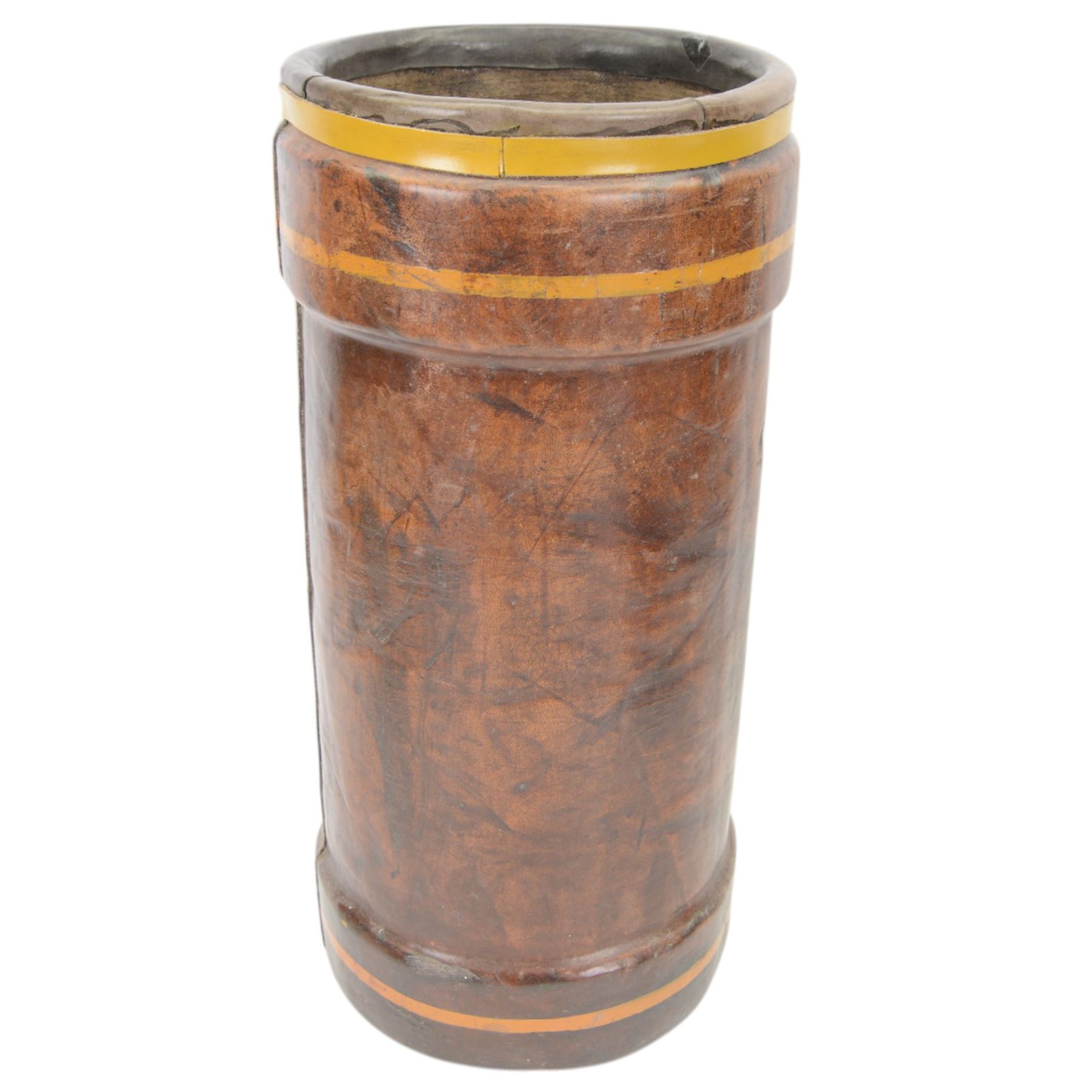 Early 20th century leather artillery shell case by Barrow, Hepburn & Gale Ltd, decorated a transfer printed coat of arms and an impressed N, with a strap handle, the base stamped 'No 58 III BH & G Ltd, together with another artillery shell case