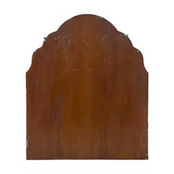 Frameless art deco mirror, scalloped copper tinted border central fan motif, bevelled edges with decorative screw caps