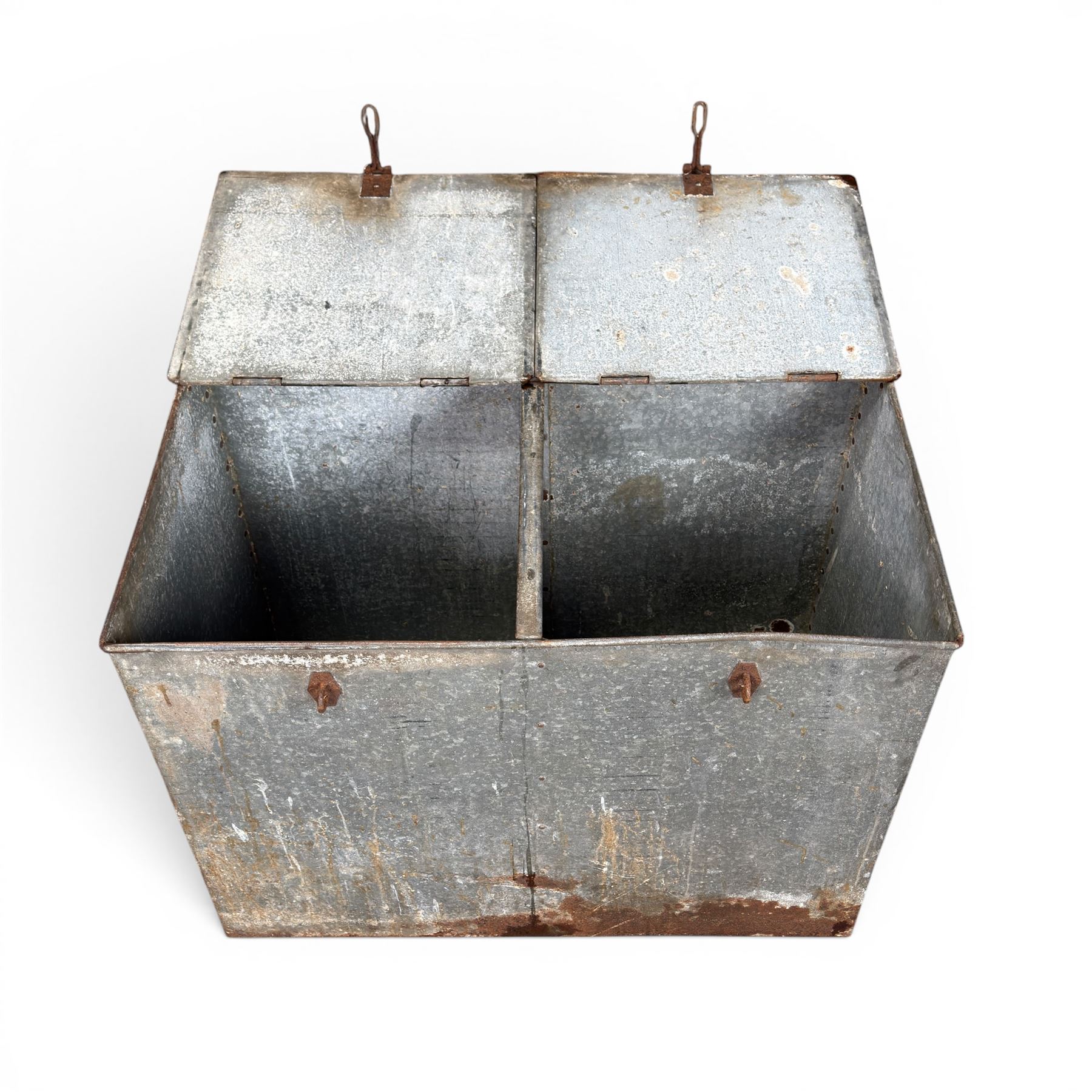 Early 20th century galvanised two division feed bin, sloped top