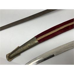 Late Victorian British Military gymnasium practice sword with 85.5cm fullered blunt pointed narrow straight blade, pierced bowl guard and chequered wooden grip L103cm overall; Leon Paul fencing foil with shaped grip and touche wiring; and two reproduction Indian tulwar swords with scabbards (4)
