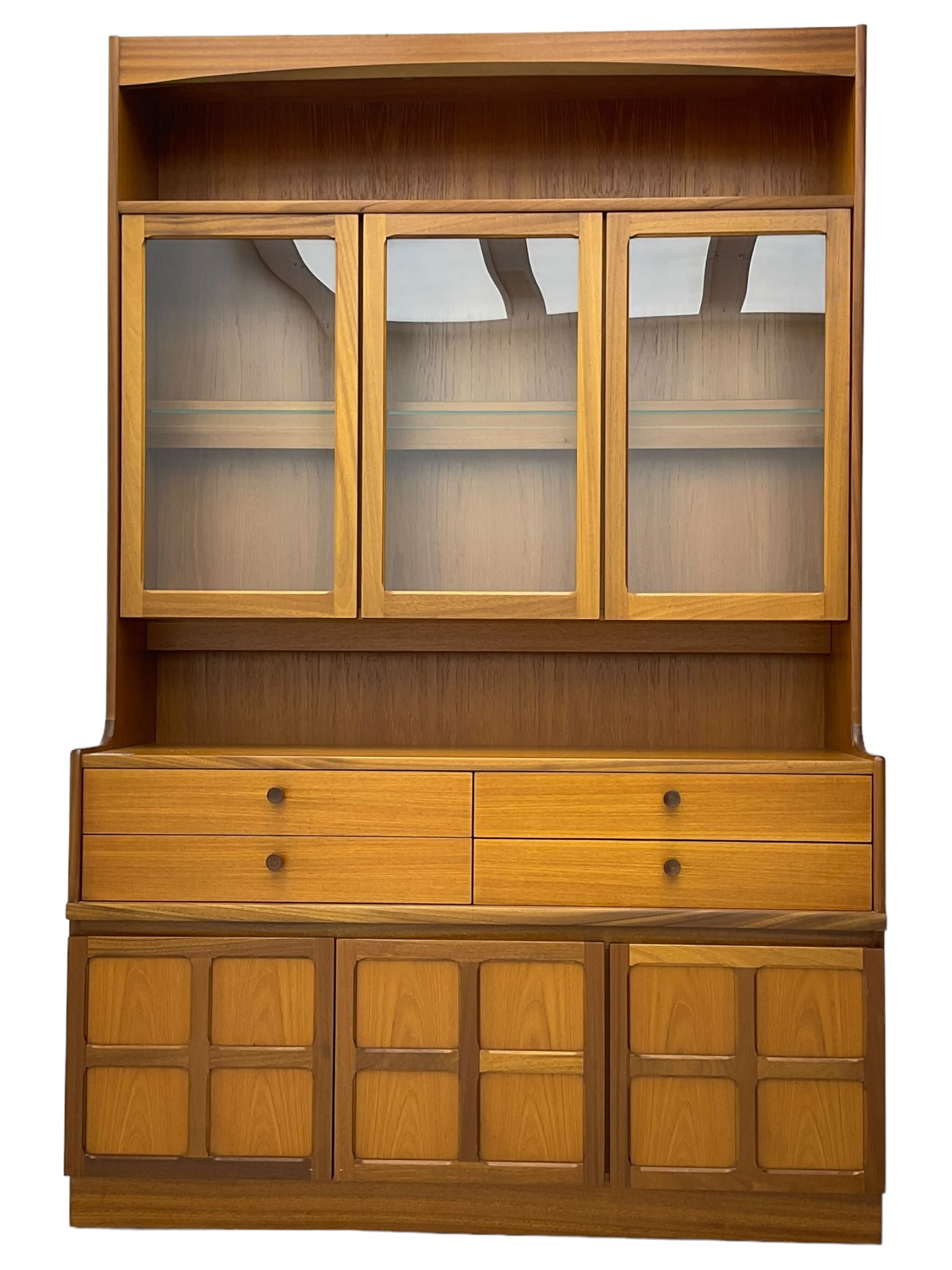Nathan - teak wall display cabinet, enclosed by three glazed doors, fitted with four drawers and three cupboards 