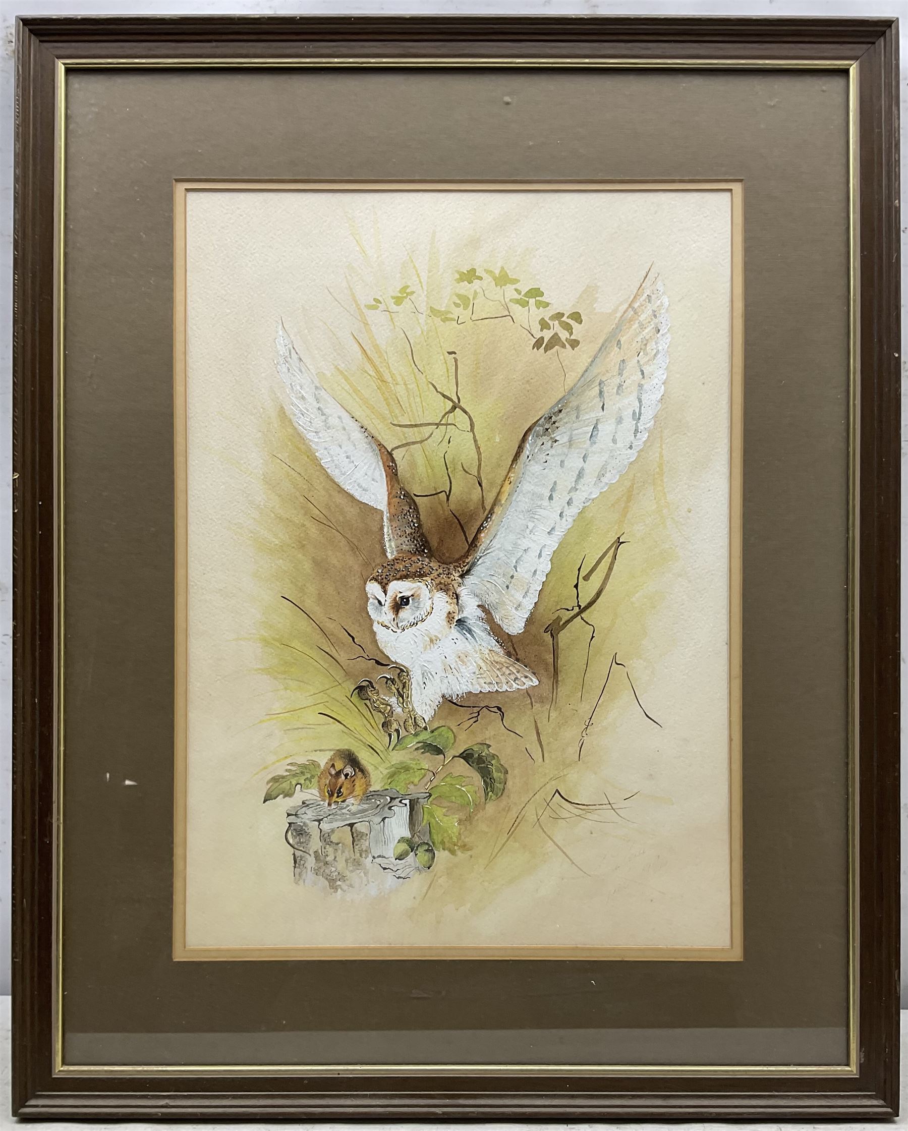 Attrib. Brian Needham (British ?-2004): Barn Owl and Harvest Mouse, watercolour and gouache unsigned 46cm x 33cm 