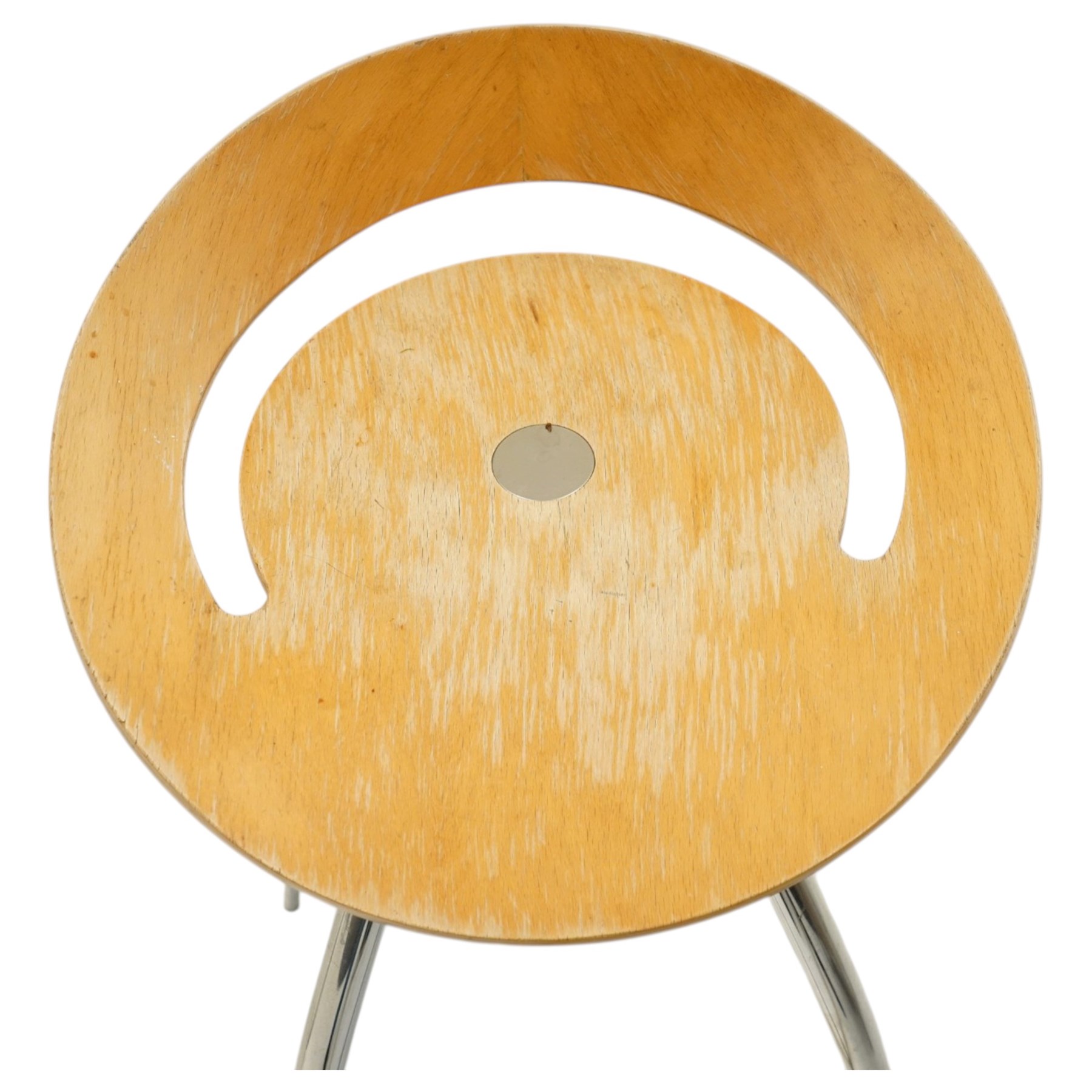 Lyra - set of three bar stools, dished plywood seats with wraparound low backs and crescent apertures, on outward swept chrome supports with contrasting black footrests