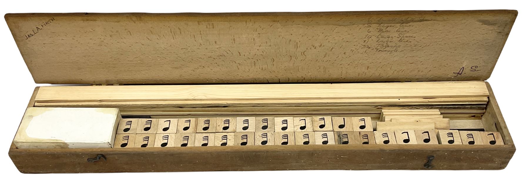 'Seppings Music Method' - type of music method by which Benjamin Britten was taught to sight read c1920 comprising wooden blocks and cards fitted onto wooden staves; in beech box with instruction booklet entitled 'The Elements of Music Illustrated'