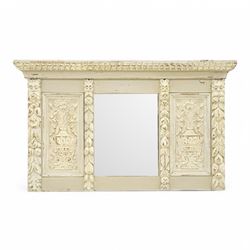 Victorian heavily carved oak wall mirror in distressed grey paint finish, moulded and chip carved cornice over central bevelled mirror and panelled front, the panels carved with urns and scrolled foliage, the uprights with fruiting foliage carved mounts 
