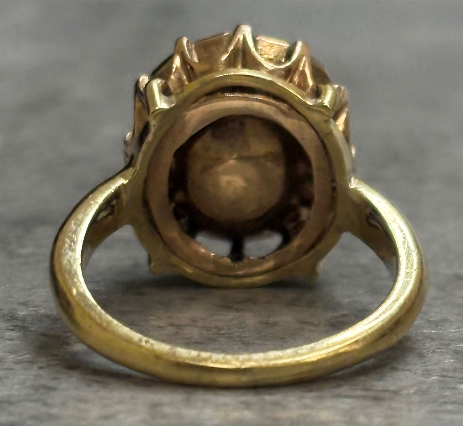 19th century 15ct gold single stone diamond ring, the backed oval rose cut diamond measuring approx 11.13mm x 9.69mm, in a twelve claw setting, in an 18ct gold shank