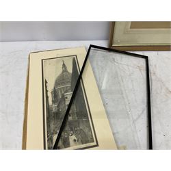H Parker (British 20th century): Landscape, watercolour signed, English School (early 20th century): St. Pauls Cathedral, etching indistinctly signed and titled, together with seven other prints and paintings (9)