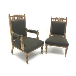  Pair of Victorian walnut salon chairs (1+1), upholstered in green wool, turned supports on castors, W64cm  