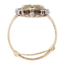 18th / 19th century silver and gold diamond and sapphire portrait ring, set with an oval miniature of a woman wearing a bonnet on ivory, under a glazed panel, surmounted with a 'trophy of love' symbol, modelled as a flaming torch and bow and quiver, set with a single round cut sapphire and rose cut diamond surround, to trifurcated shoulders, on French 18ct gold shank, Eagle hallmark. This lot has been registered for sale under Section 10 of the APHA Ivory Act