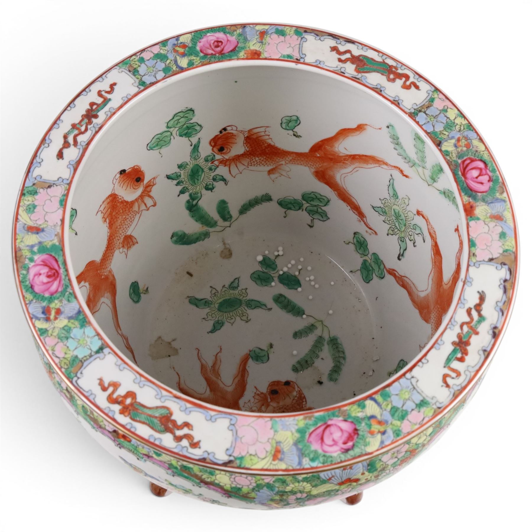 20th century Chinese famille rose fishbowl, decorated with birds in foliage, on hardwood stand, H43cm