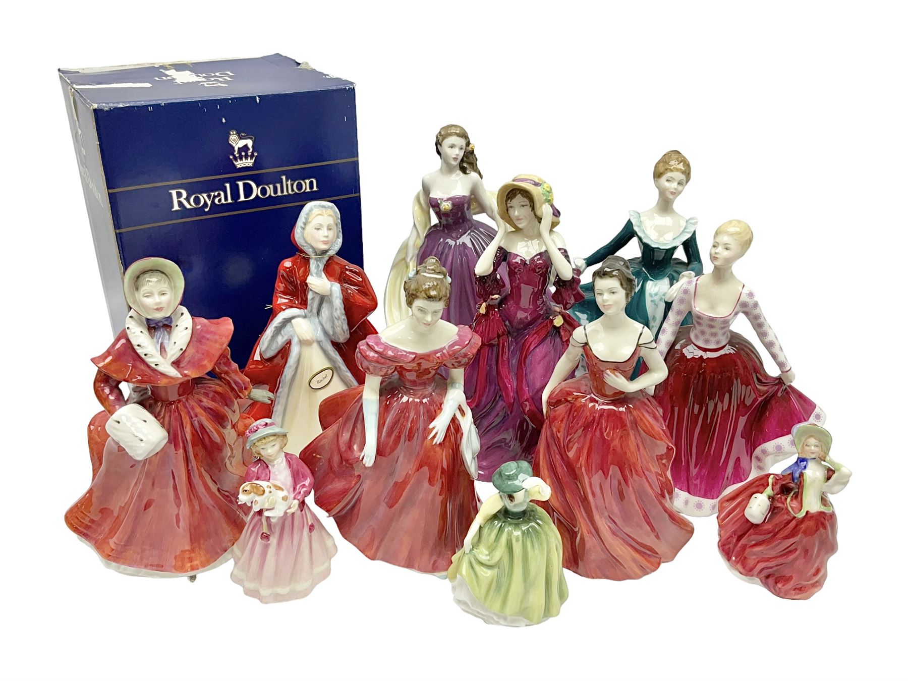 Eight Royal Doulton figures, comprising Rachel HN2936, The Skater HN3439, Janine HN2461, Innocence HN2842, Special Celebration HN4234, Autumn HN4272, Fiona HN2694 and Winsome HN2220, together with three smaller Royal Doulton figures My First Figurine HN3424, Buttercup HN3268 and Autumn Breezes HN2176