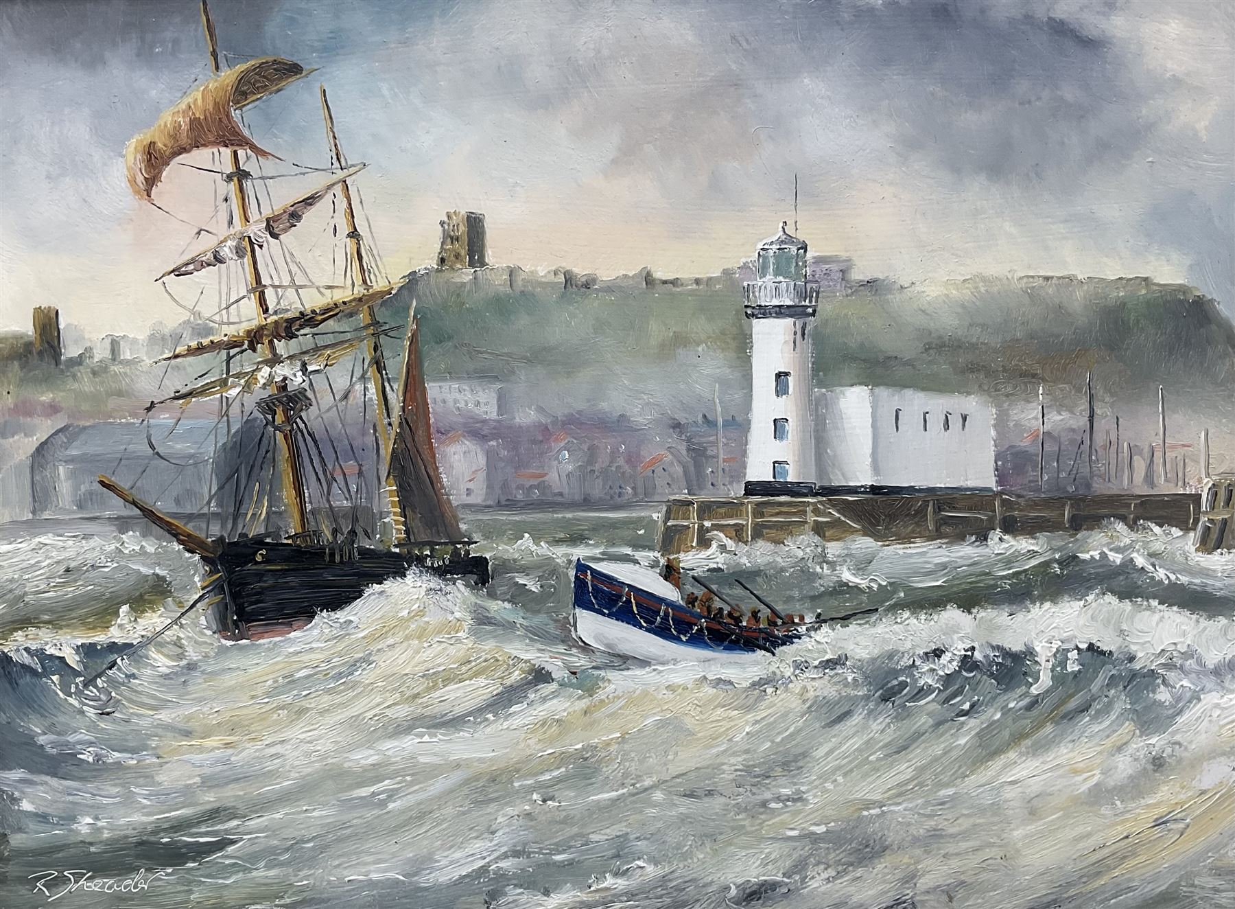 Robert Sheader (British 20th century): Boats Leaving Scarborough Harbour, oil on board signed 22cm x 29cm