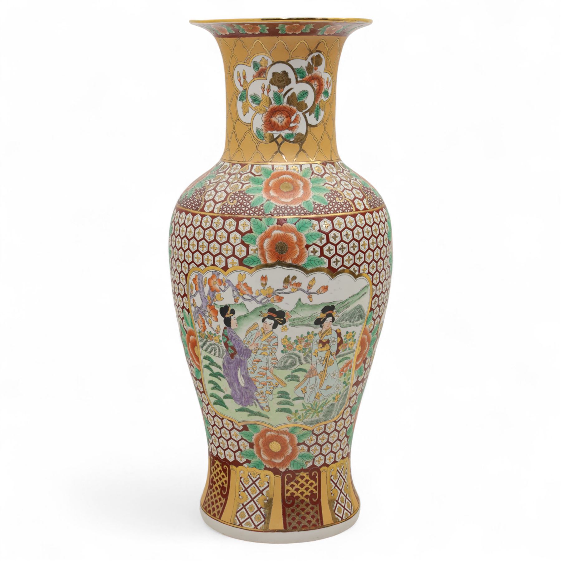Floor vase, of baluster form with fluted rum, the central panel with figures in a landscape, within a geometric design, H95cm+ 