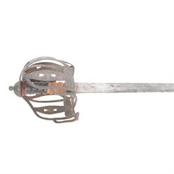 18th century Scottish basket hilt sword, with L82cm double edged blade, the basket hilt with pierced with heart motifs and wood grip, within leather scabbard, overall L96cm 