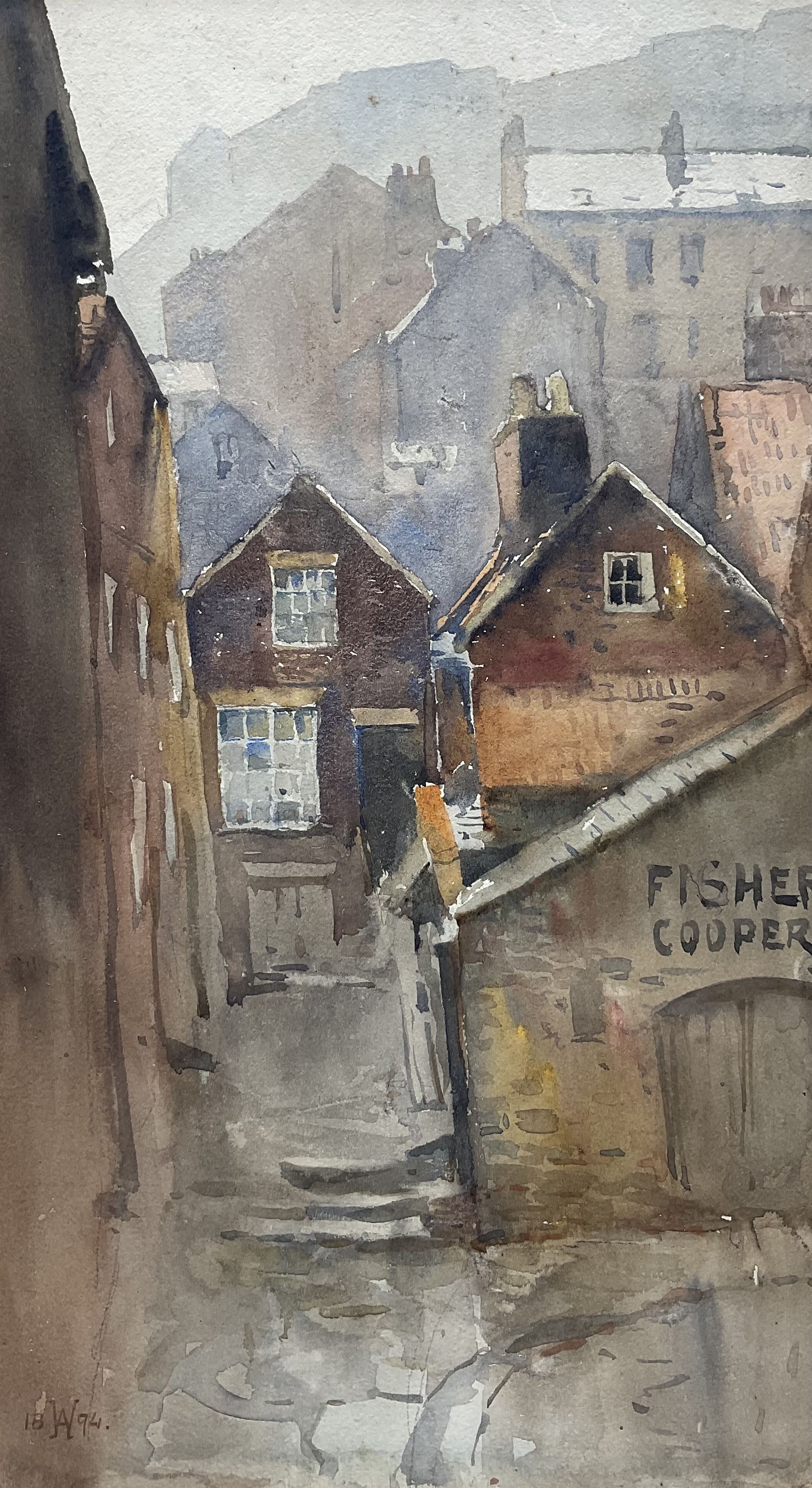 Charles William Adderton (British 1866-1944): 'Sandside Scarborough', watercolour signed with monogram and dated 1894, 36cm x 20cm (unframed)
Provenance: direct from the family of the artist Harry Wanless 1872-1934, part of a collection never previously seen on the market
Notes: Adderton was a friend of the brothers Harry and Charles Wanless, all of whom studied under Albert Strange at the Scarborough School of Art School. Adderton had a studio at 55 Sandside, Scarborough between 1894 and 1901, he moved to Ockbrook Derby and later to Robin Hoods Bay where he was a member of the Fylingdales Group of Artists