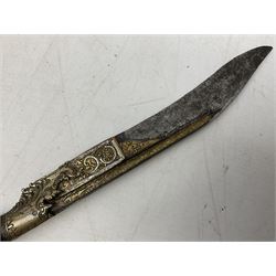 19th century Singhalese knife pia kaetta, the 20cm steel blade inset with yellow and white metal, with metal mounted carved pistol grip, in plain wooden scabbard L33cm overall