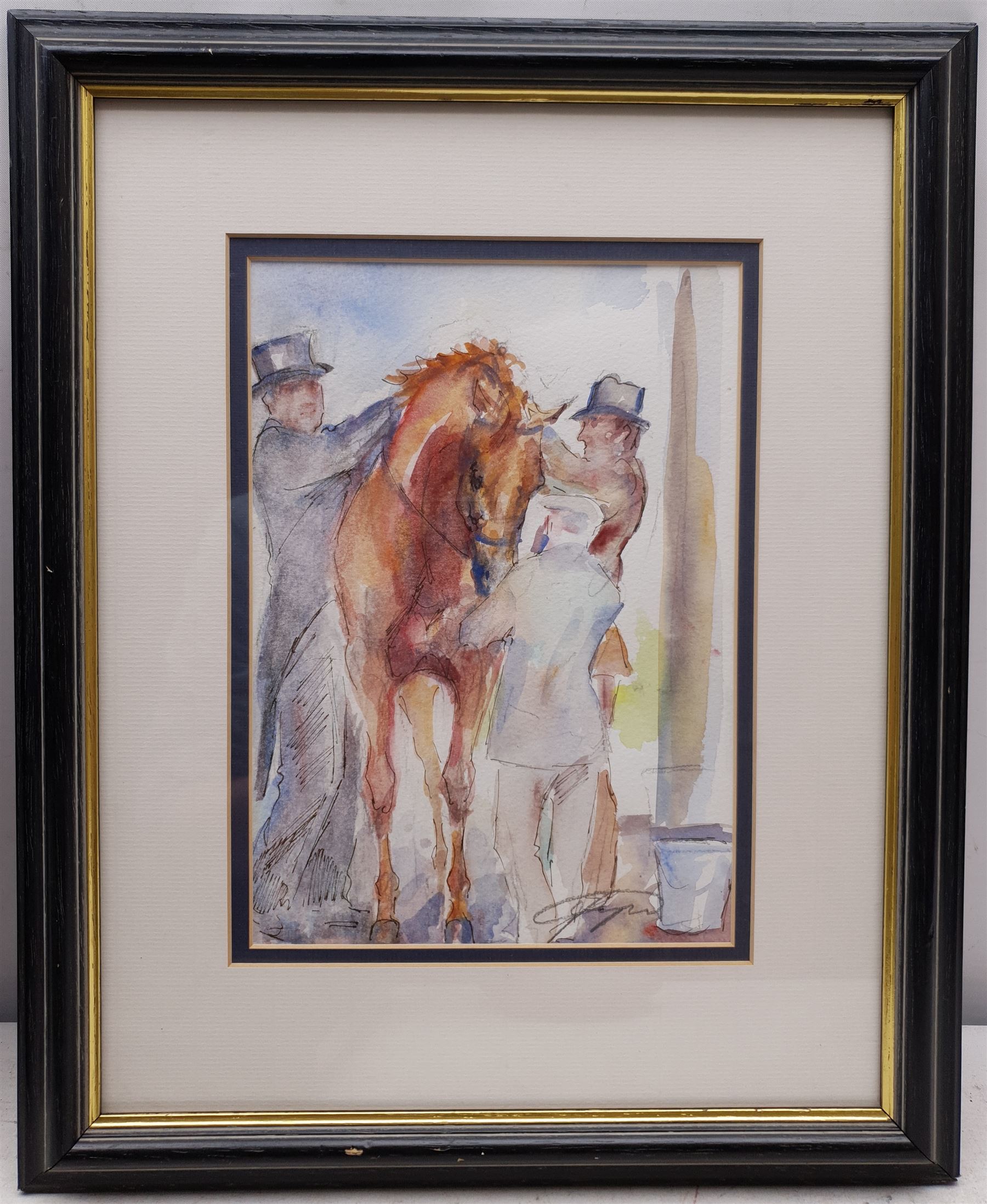 Jacqueline Jones (British 1961-): Adjusting a Bridle, watercolour signed  24cm x 17cm 
Notes: Jacquie Jones was Artist in Residence at The National Horse Racing Museum.