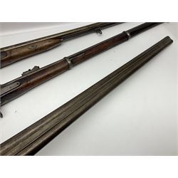 19th century Indian .577 Enfield muzzle loading rifle, proofed for 26-bore, the 98.5cm barrel with three barrel bands and later ram rod L140cm overall; 19th century Belgian side-by-side double barrel percussion shotgun, approximately 20-bore, with 74cm barrels and studded walnut stock, lock plate marked 'Liege 1868' and 'V. Gulikers-Maquinay' L117cm overall; and another side-by-side double barrel shotgun by Smythe with underlever opening (3)