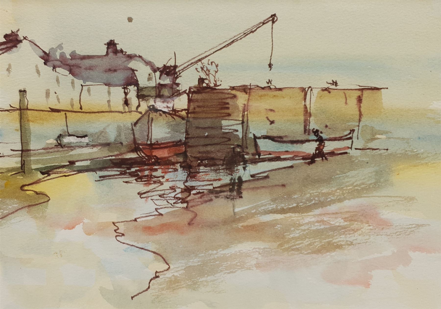 Roland Batchelor RWS (British 1889-1990): 'Pier Guernsey', watercolour and ink unsigned, painted in 1975, 17cm x 24cm 
Provenance: artist's studio; collection of Grant Waters; with Louise Kosman, Edinburgh; then with the Ariel Gallery, Lavenham, where purchased by the vendor