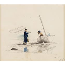 Manner of Henry Edrington Hobson (British 1820-1881): Woman Gathering Kindling, gouache unsigned; together with Dutch School (19th/20th century): Fishermen Conversing, mixed media signed B T max 19.5cm x 15.5cm (2)