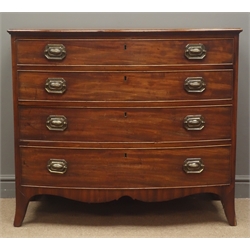  Early 19th century bow front mahogany chest of four graduating drawers, shaped apron with splayed bracket feet, W101cm, H89cm, D57cm  