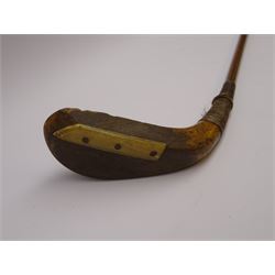 Late 19th century long nose golf club, the beech head marked F H Ayres, with horn sole plate, inset lead weight and grooved face, horn beam shaft and suede leather grip, L95cm