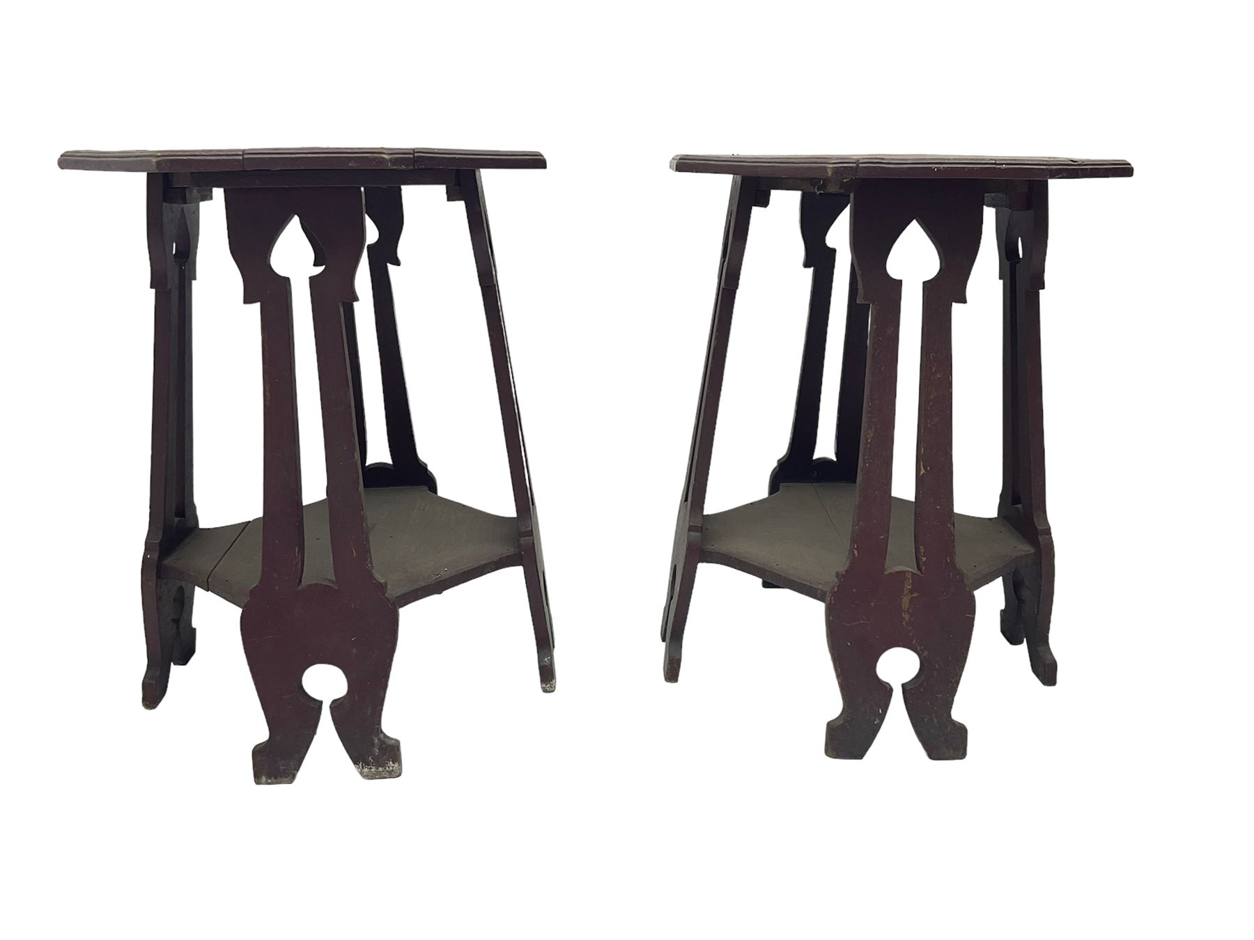 Pair Arts & Crafts period side tables, octagonal moulded top, on four supports with pierced decoration terminating at splayed feet, the supports joined by octagonal undertier, with label 'Palliser's Wolverhampton'
