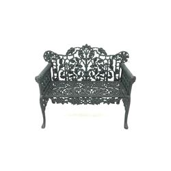 Pair Victorian style cast iron garden benches, ornate interlacing foliage and shaped back, scroll work seat, the leaf moulded arms with rams head terminals, shaped and splayed supports

Location: Duggleby Storage, Scarborough Business Park YO11 3TX