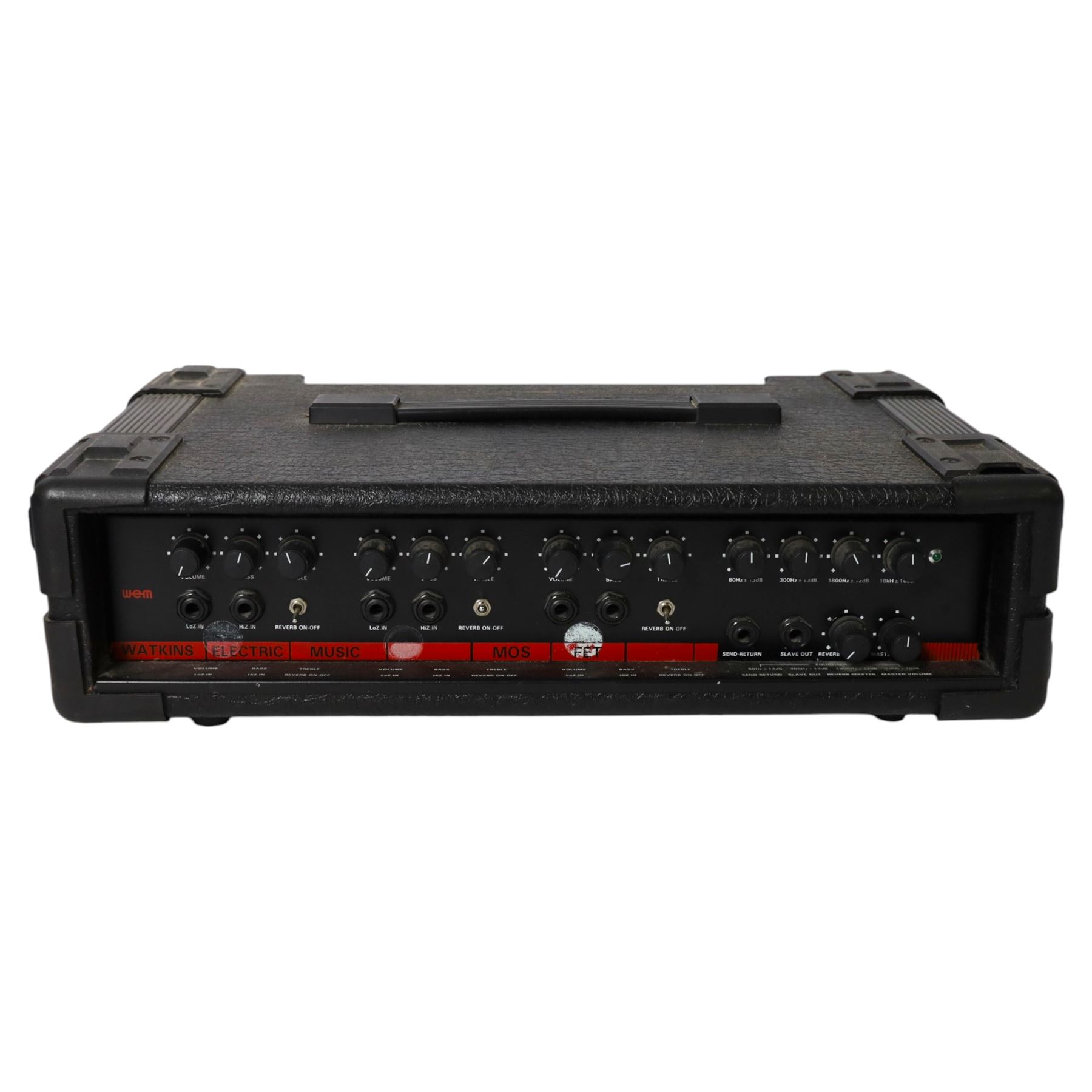 Nine Watkins WEM Song Bird Accordion amplifiers and speakers, including three Silver Songbird Full Range speakers, two Song Bird 200 amplifiers, two WEM amplifier heads and two Song Bird 200 speakers, largest H50cm 