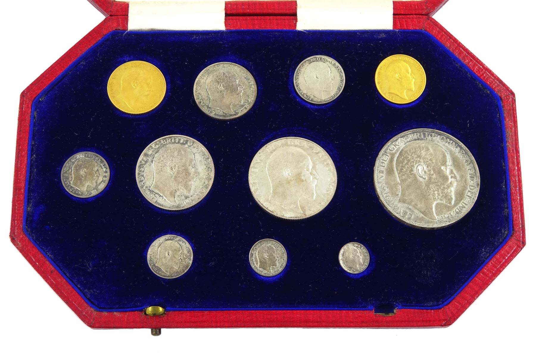 King Edward VII 1902 matt proof short coin set, comprising gold half sovereign and sovereign, silver maundy money set, sixpence, shilling, florin, halfcrown and crown, housed in the official dated case of issue