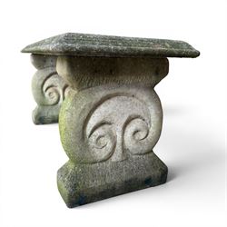 Three piece weathered cast stone garden bench, rectangular top on rounded detailed base