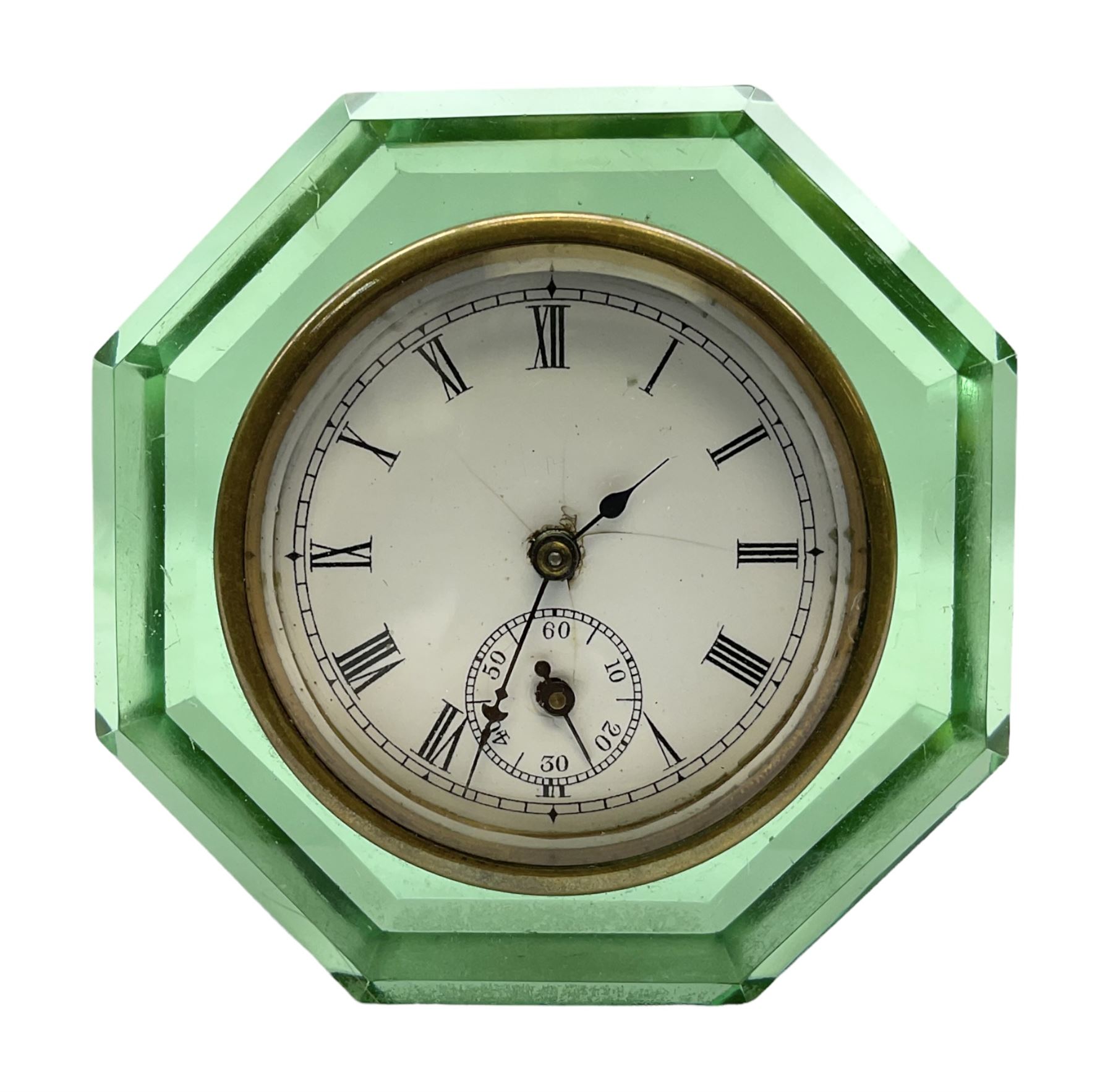 E N Welch art deco style uranium glass clock, H9cm