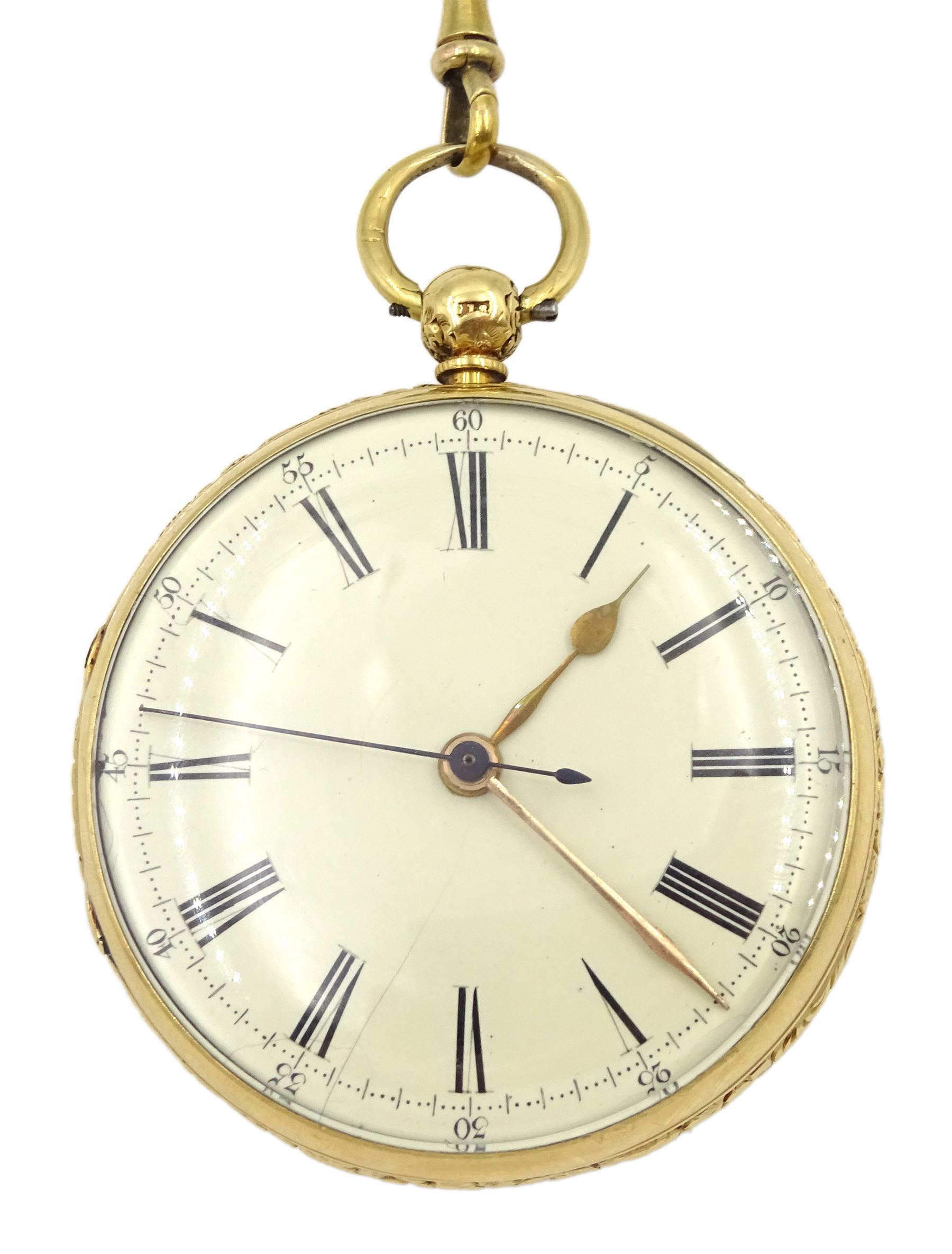 Victorian 18ct gold open face English lever fusee pocket watch by Frisch & Schierwater, Liverpool, No. 14789, cream dial with Roman numerals and outer Arabic minute ring, the back case with engraved decoration depicting a village scene, case by Christopher Jones, Chester 1843, on gold chain with silver vesta case by A & J Zimmerman Ltd