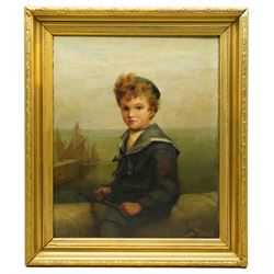 Circle of Frederick Morgan (British 1847-1890): Portrait of The Little Sailor Boy, oil on canvas unsigned, labelled verso 52cm x 43cm
Provenance: The Selected Contents of Eden Lacy, Lazonby, from the estate of Victor Gubbins, purchased from James Thompson, Kirkby Lonsdale according to label verso