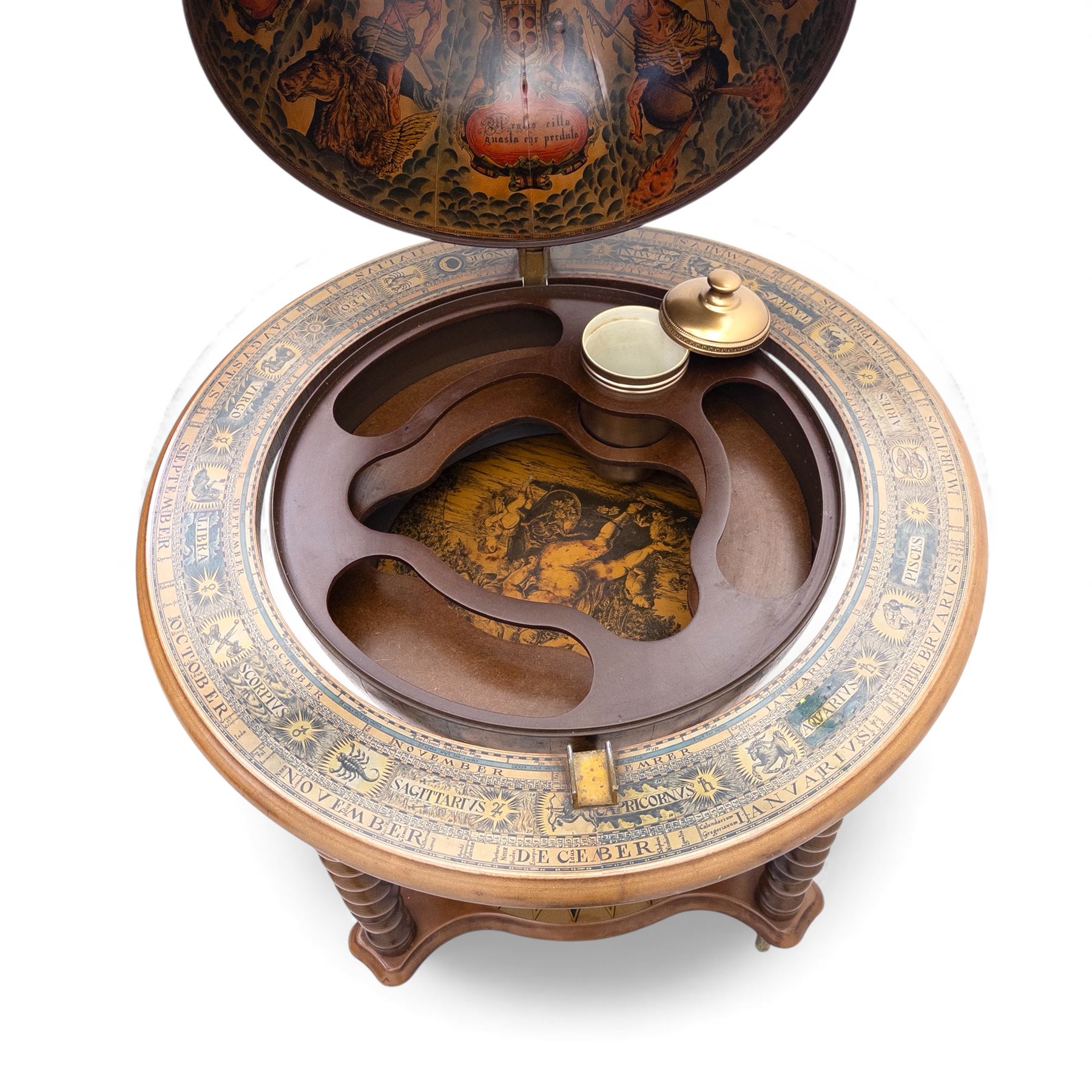 20th century Italian reproduction globe drinks table, the cartographic sphere decorated with Renaissance-style map scenes, hinged upper section enclosing bottle storage, with printed zodiac and calendar ring to the top, on spiral-turned legs joined by a compass rose undertier, brass castors below