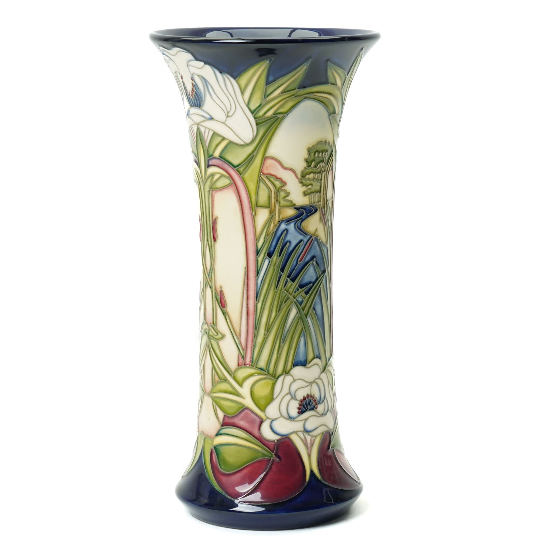 Moorcroft Fountains Abbey pattern vase, of cylindrical form with flared neck, designed by Philip Gibson, with impressed and painted marks to base, with original box, H25cm