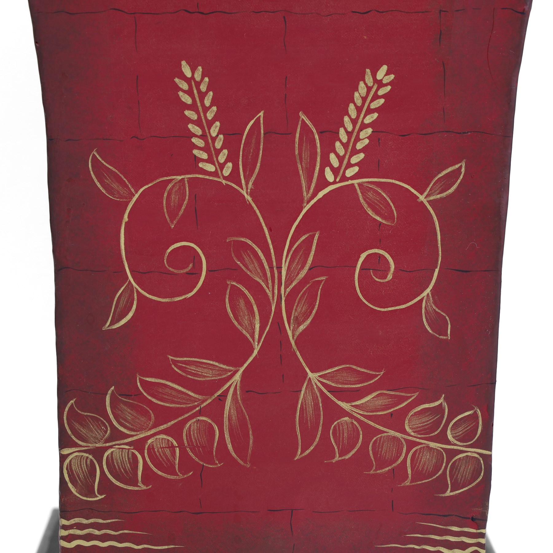 19th century toleware vase, painted foliage and corn upon a red ground, on four paw feet and a square plinth base, H36cm