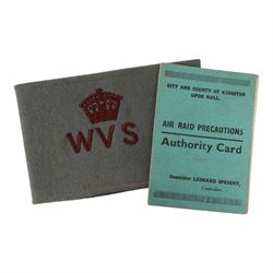 Collection of various military items, including RAF cloth badges including shoulder eagle badges, AG badge, AM1 badge, WVS armband, Air Raid Preauction authority card, etc  