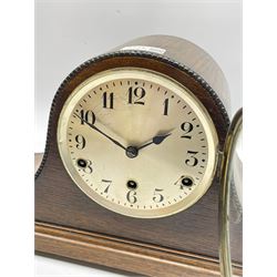 Early to mid 20th century oak mantel clock, silvered Arabic dial, triple train driven quarter Westminster chiming movement