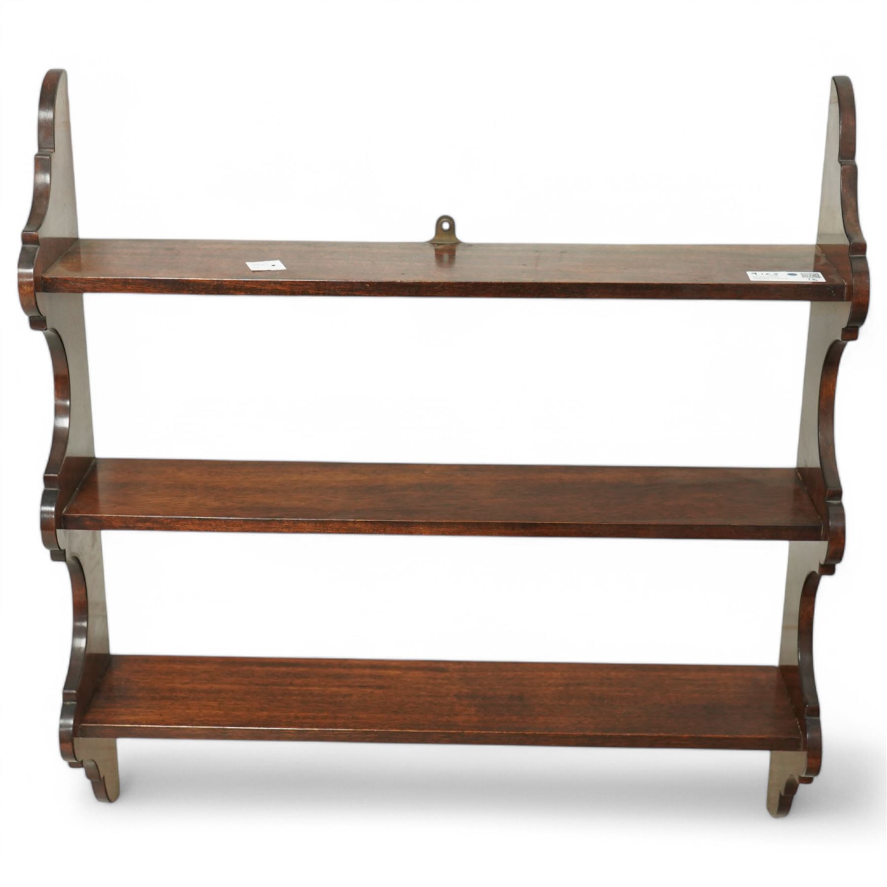 19th century Carolean design oak hall chair with tapestry seat; two Georgian design tripod tables; mahogany shelf (4)