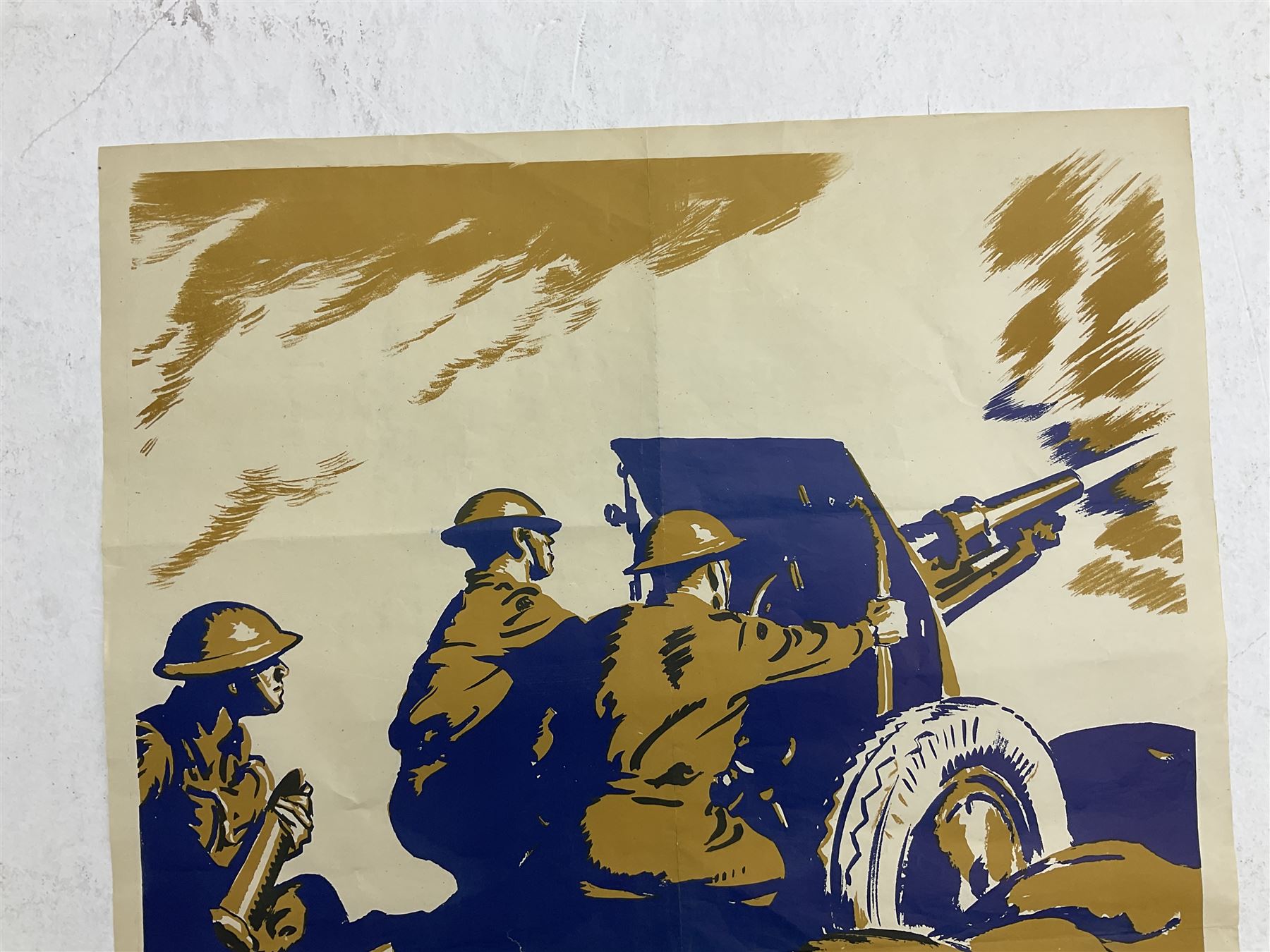 WW2 poster after Alfred Sindall printed for H.M. Stationery Office by Wm. Brown & Co Ltd London E.C.3; poster No.S.P.37 'Paper For Salvage Helps To Feed The Guns' depicting British Soldiers firing a field gun 75 x 51cm; blue, gold and white; unframed