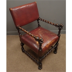  Pair early 20th century armchairs, leather upholstered back and seats, barley twist supports and arms with carved recumbent lion terminals, W55cm  