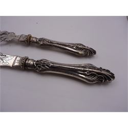 Pair of Victorian silver fish servers, with naturalistic silver handles, each engraved with a dolphin design and the crest of the lion rampant to blades, hallmarked Hilliard & Thomason, Birmingham 1854, knife L31cm