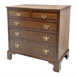 George III oak chest, rectangular top with moulded edge over two short and three long drawers each with mahogany banding, on bracket feet