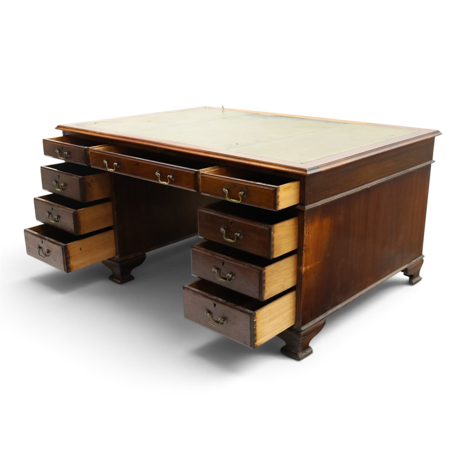 D Matthews & Son Office Furnishers (Liverpool) - Edwardian mahogany twin pedestal partners desk, rectangular top with inset green leather writing surface, fitted with an assortment of twelve drawers with brass swan neck handles, the pedestals with cupboards fitted to the opposing side, raised on ogee bracket feet