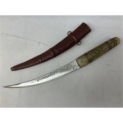 Caucasian qama or kindjal dagger, the 15cm pointed double edged blade with centre fuller and two-piece horn grip;  in nickel plated scabbard with panels of figures and script L28.5cm overall; and eastern knife with 20.5cm curving blade and decorative horn grip; in leather covered scabbard (2)