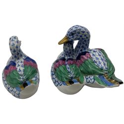Two Herend fishnet blue figures, comprising duck and pair of nesting ducks, H7cm