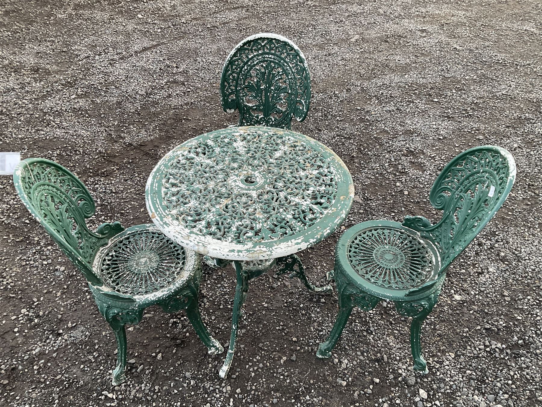 Painted aluminium circular garden table and three chairs - THIS LOT IS TO BE COLLECTED BY APPOINTMENT FROM DUGGLEBY STORAGE, GREAT HILL, EASTFIELD, SCARBOROUGH, YO11 3TX