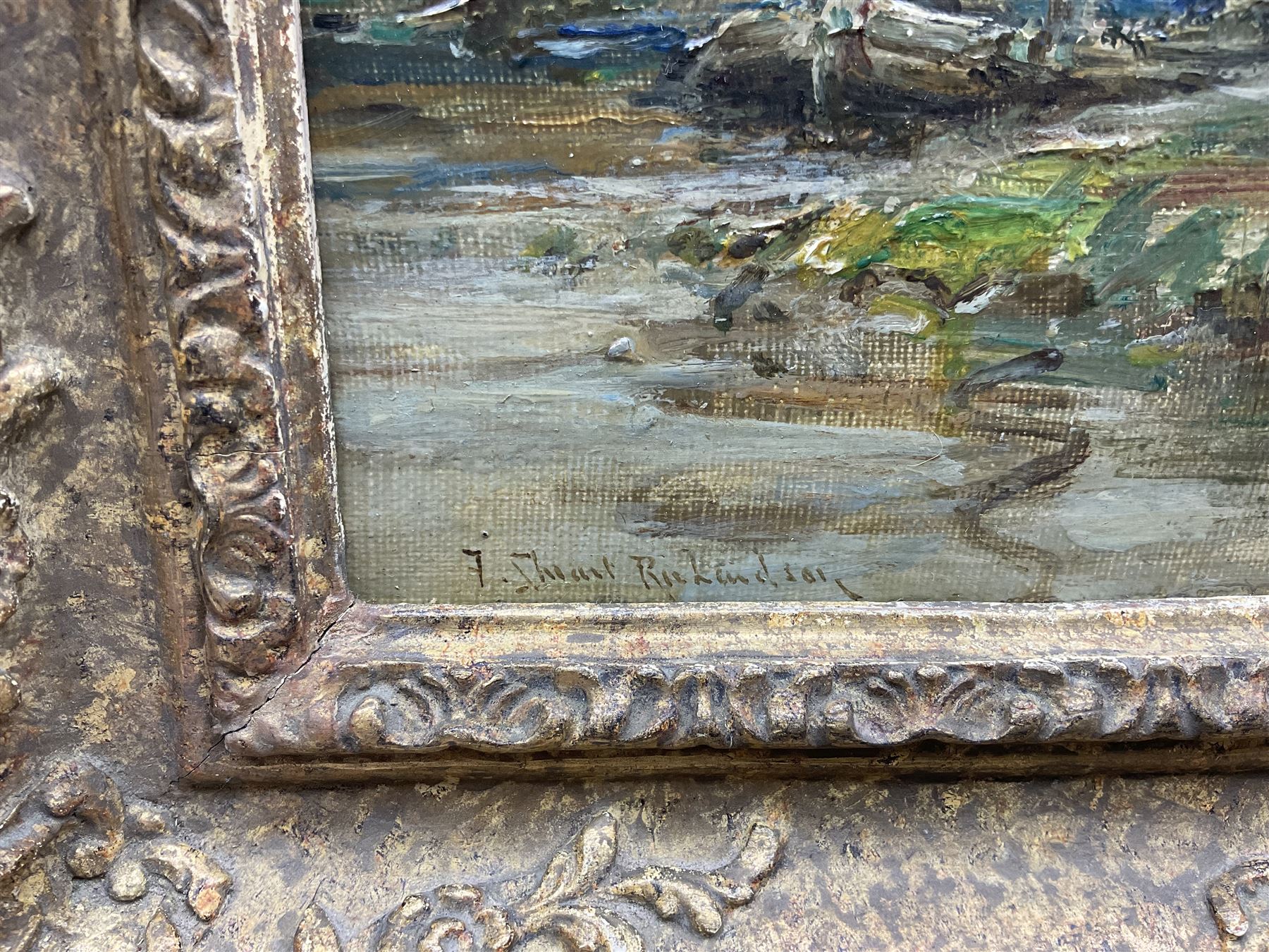 Frederic Stuart Richardson (Staithes Group 1855-1934): Upon Horseback by the Canal Side, oil on canvas signed 26cm x 23cm 
Provenance: exh. Phillips & Sons, Marlow, label verso